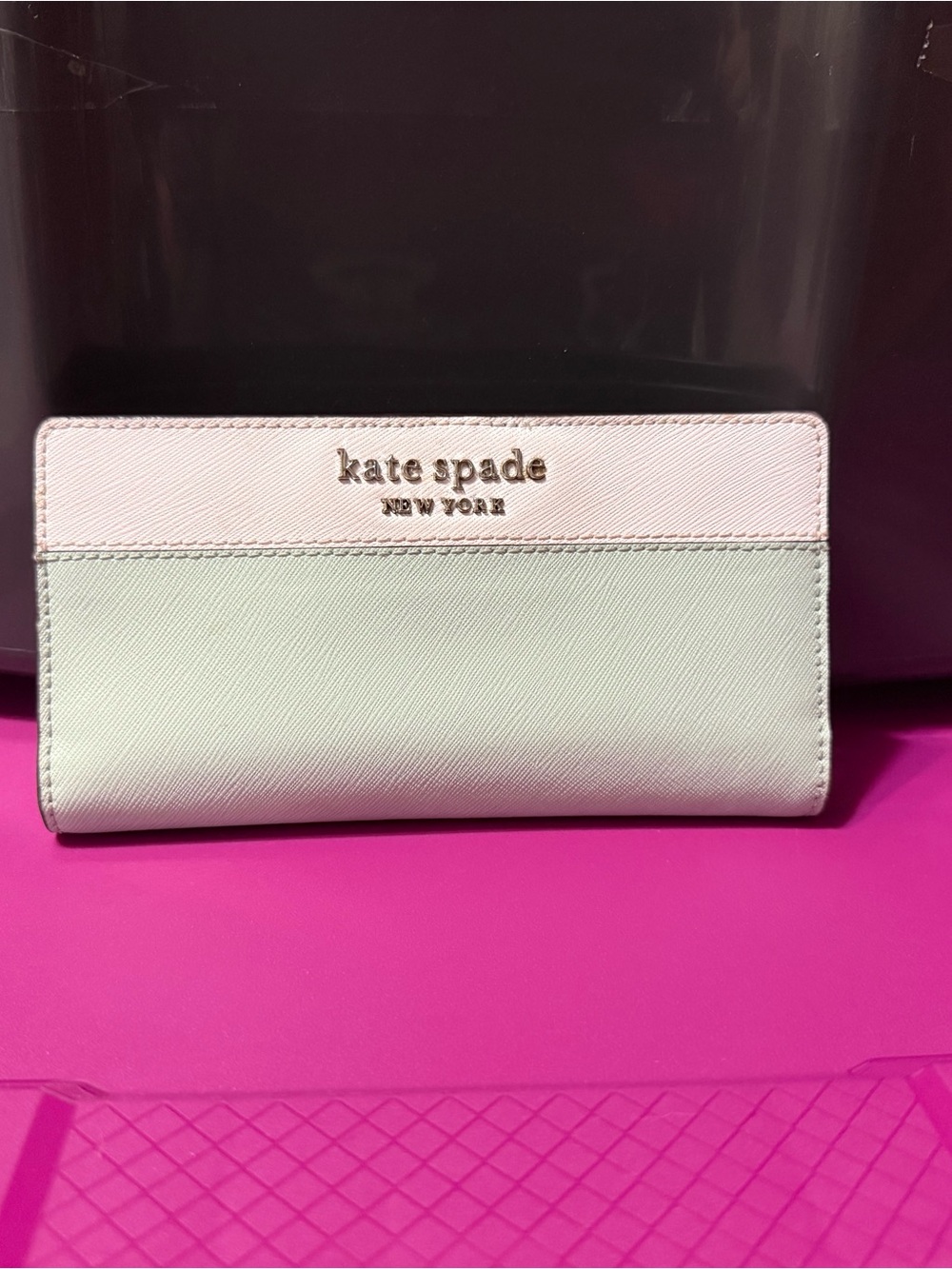 kate spade Two-Tone Pastel white & Mint Saffiano Wallet with navy blue inside
